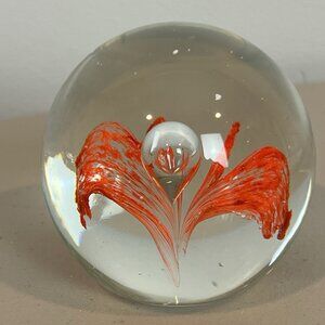 Art Glass Paperweight Blown Abstract Red Lacy Flower